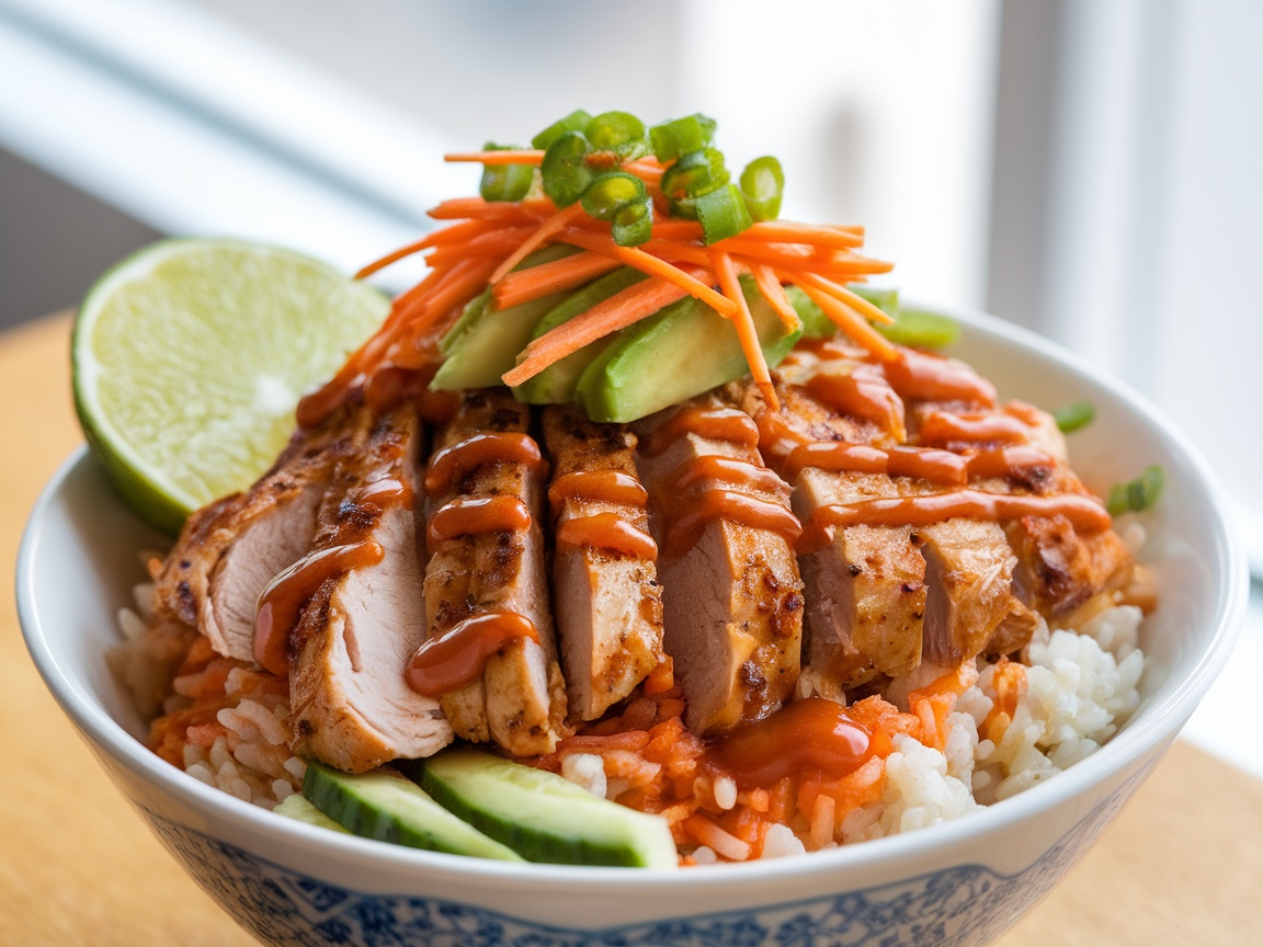 A colorful Bang Bang Chicken Bowl with grilled chicken, rice, and fresh vegetables, garnished with green onions and lime.